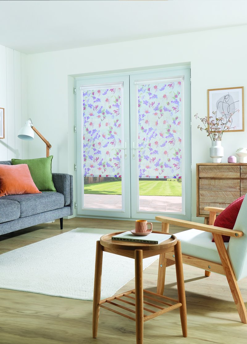 Monet Flower Perfect Fit blind clipped into UPVC window frame