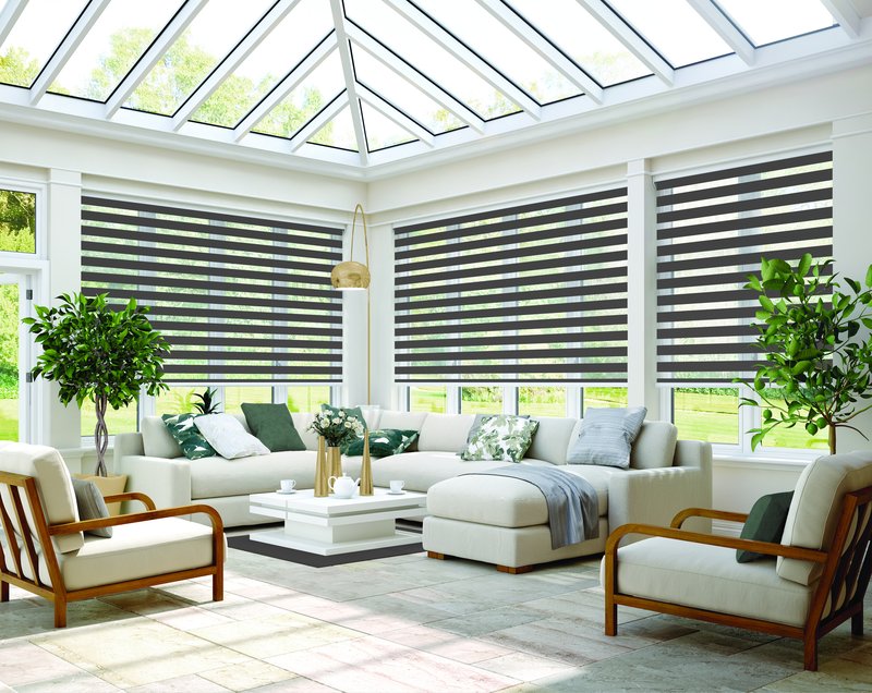 Ferrara Anthracite vision blinds in a contemporary Saddleworth living room